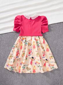 SHEIN Rochie pentru fete Tween, vintage, cu model de desene animate, broderie cu flori, cu guler răsturnat, cu mâneci bufante