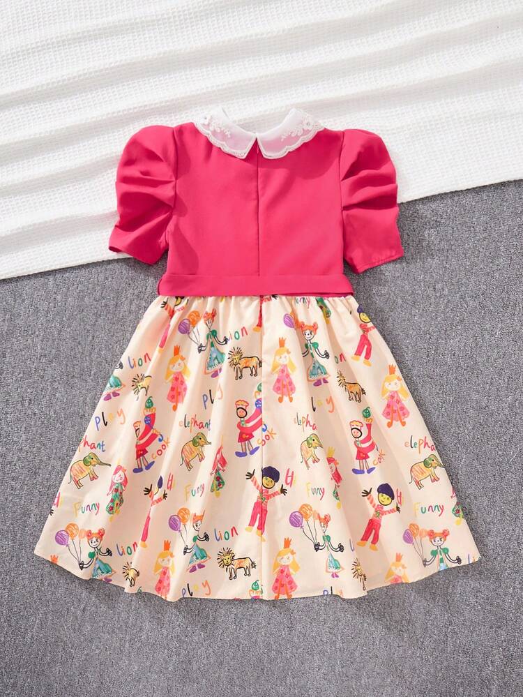 Tween Girls' Vintage Colorblock Cartoon Pattern Flower Embroidery Stud Detail Turn-Down Collar Puff Sleeve Dress