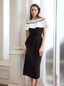 MOTF PREMIUM WOMEN'S WOVEN LACE COLORBLOCK SPLICE DRESS - Black and White - View 7