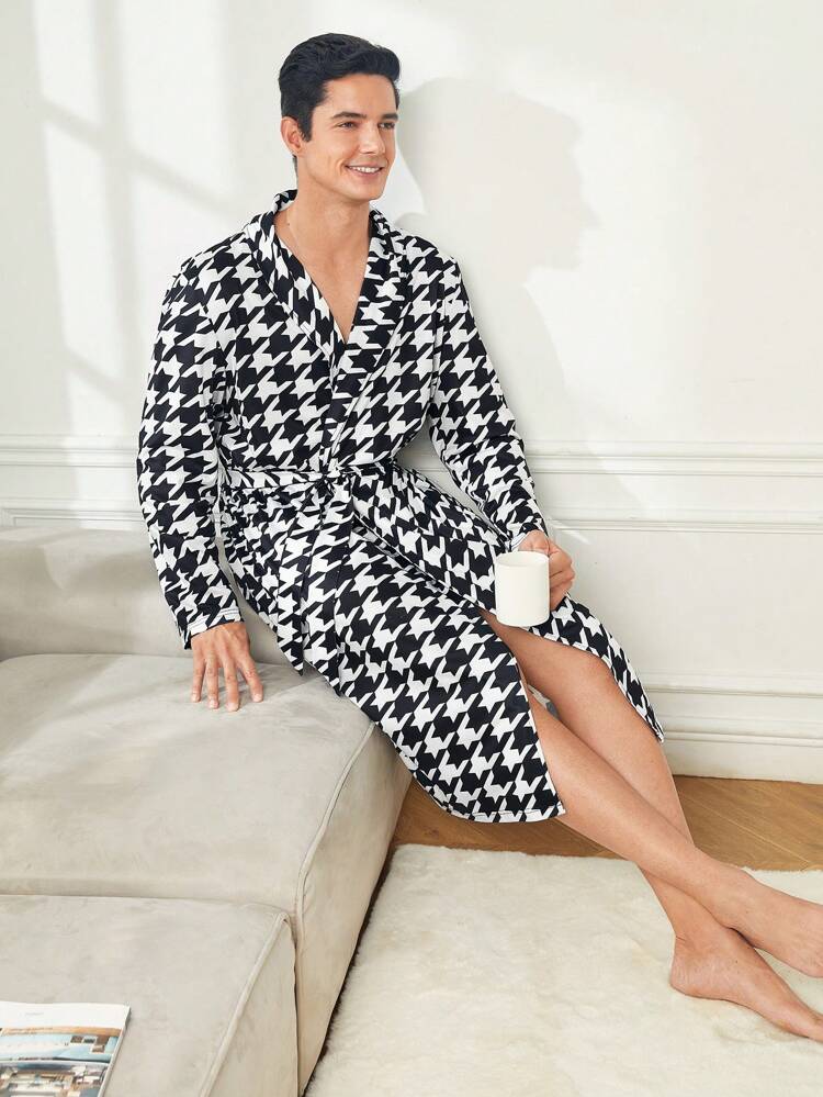 Men'S Houndstooth Printed Bathrobe For Home Wear