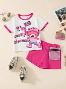 SHEIN Cute And Stylish Two-Piece Set With Little Bear Design For Young Girls - Pink - View 1