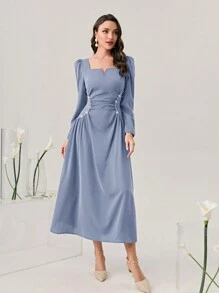 Modelyn Sweetheart Neck Puff Sleeve Ruched Front Formal Dress Long Evening Dresses