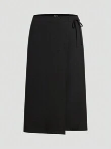 SHEIN Privé Women's Plus Size Solid Color Wrap Skirt With Belt - Black - View 7