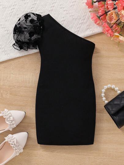 SHEIN Ung flicka Urban Mode Enaxlad Nät Ärm Stickad Klänningar