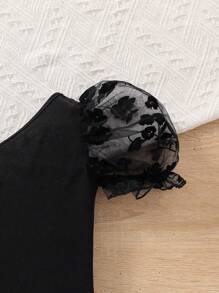 SHEIN Young Girl Urban Fashion One Shoulder Mesh Sleeve Knitted Dress - Black - View 3