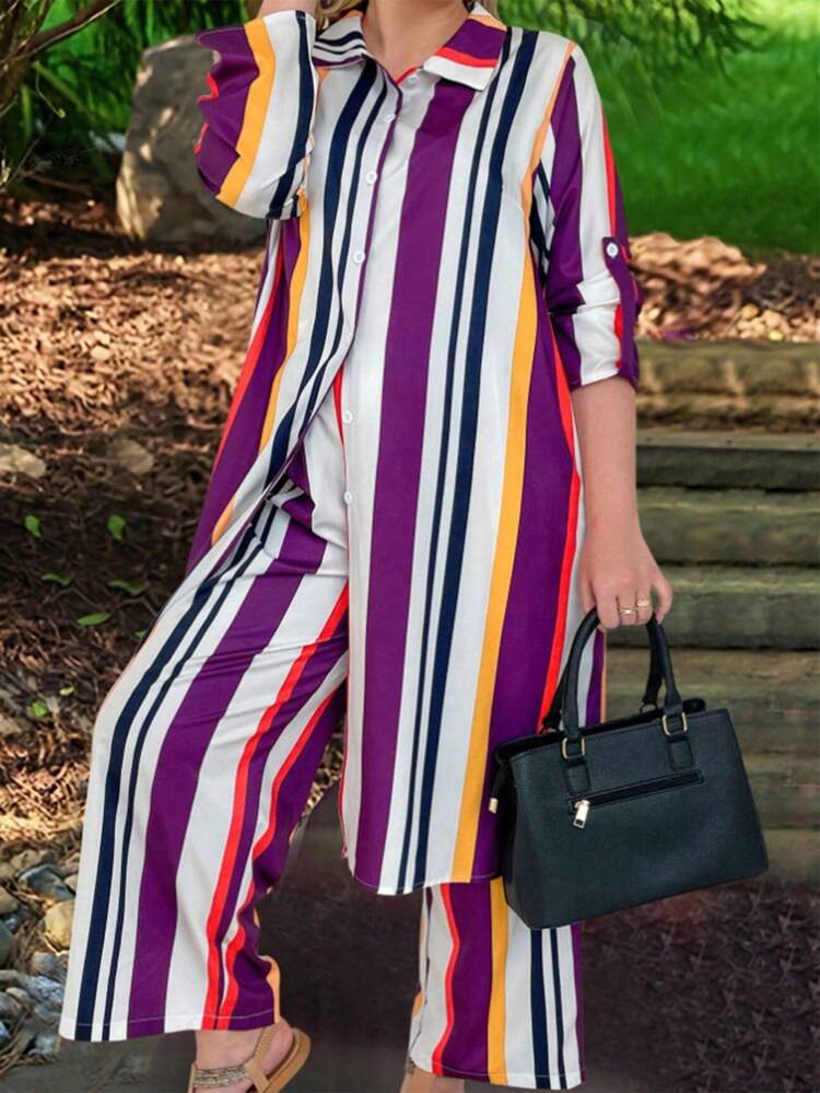 Women's Colorful Vertical Striped Long Shirt And Wide Leg Pants Two Piece Set