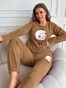RueChic Women's Cartoon Letter Printed Plush Long Sleeve Pants Pajama Set - Camel - View 6