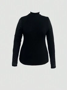 Flirla Plus Size Women's Sleeve Rhinestone Embellished Round Neck T-Shirt - Black - View 3