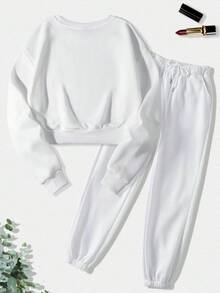 SHEIN EZwear Women'S Leopard Print Sweatshirt And Joggers Set - White - View 2