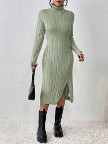 SHEIN Frenchy 女式開衩下擺高領毛衣洋裝