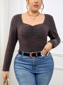 SHEIN Frenchy 女士大尺碼純色甜心領t恤,帶胸部褶皺