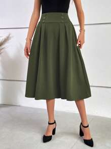 Ellevyn Women's Solid Color Pleated Button Detail Skirt - Army Green - View 5