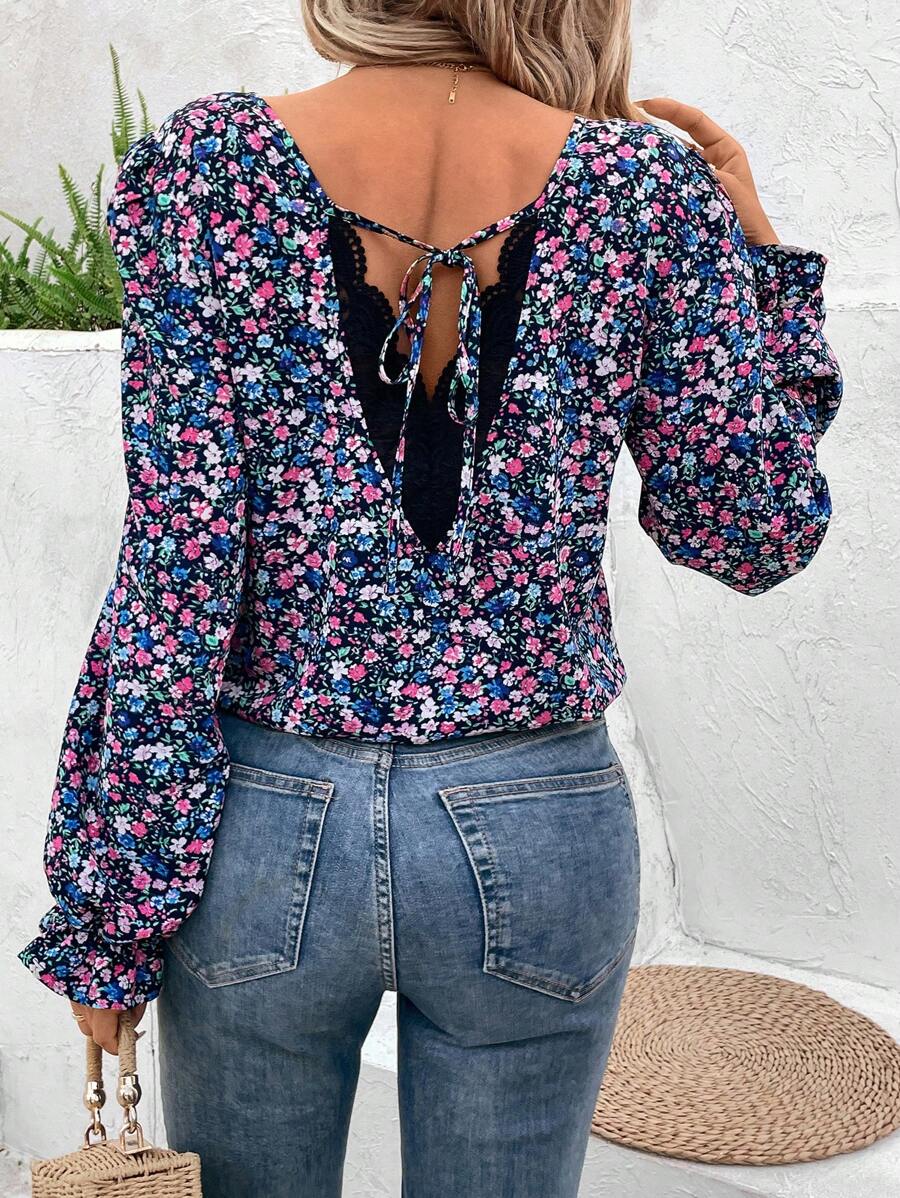 SHEIN Frenchy Floral Print Patchwork Lace Shirt - Pink - View 1