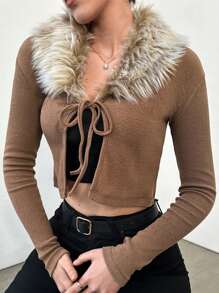 RueChic Patchwork Fur Collar Cropped Jacket - Camel - View 1