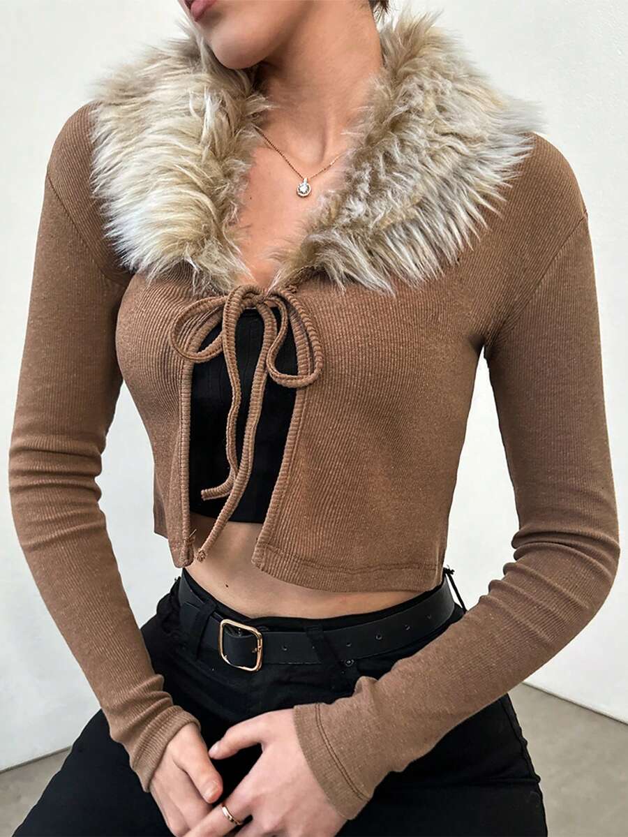 RueChic Patchwork Fur Collar Cropped Jacket - Camel - View 1