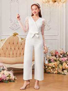 SHEIN 少女拼接透視網紗膨脹袖v領連身褲