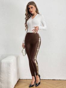 SHEIN Privé Của phụ nữ Vá lại Long lanh Xà cạp - màu nâu - Xem 3