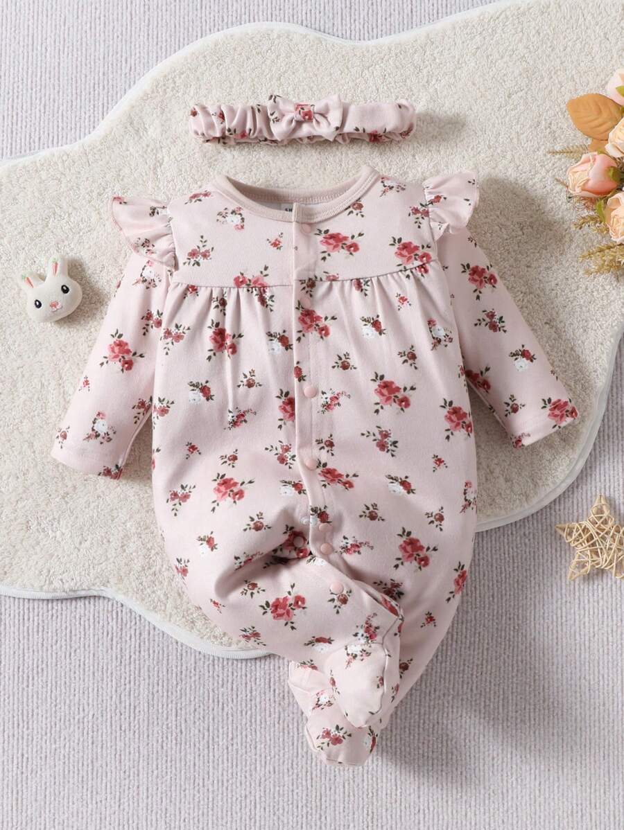 SHEIN 迪容嬰女復古花卉印花睡衣,帶蕾絲細節和連身設計 - 彩色 - 查看 1