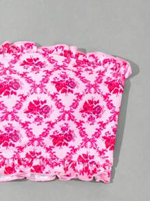 SHEIN Swim Women's Pink Bandeau Bikini Set With Random Print, Strapless Bikini Set Bathing Suit Beach Outfit Summer Vacation Summer Beach - Multicolor - View 8