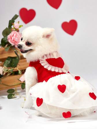 PETSIN Vestido De Mascota Rojo Con Diseño De Corazón De Malla, Bordado Con Ribete Blanco De Volantes Con Corazón Para El Día De San Valentín