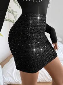 SHEIN Privé 女士亮片連身裙 - 黑色 - 查看 5
