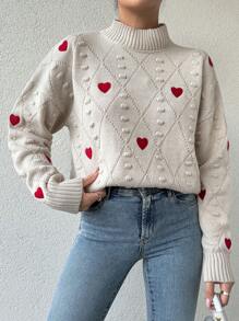 EURMUSE Women's Love Heart Embroidery Stand Collar Sweater - Beige - View 4