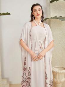 Al Najma 女式佩斯利印花挂脖系带连衣裙和外套两件套 2 件套 - 杏色 - 查看 4