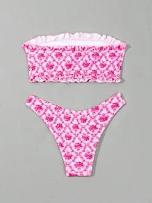 SHEIN Swim Women's Pink Bandeau Bikini Set With Random Print, Strapless Bikini Set Bathing Suit Beach Outfit Summer Vacation Summer Beach - Multicolor - View 5