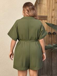 SHEIN LUNE Kích thước lớn Của phụ nữ Màu thuần tay cánh Áo sơ mi Romper - xanh quân đội - Xem 2