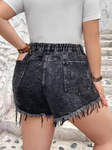 SHEIN CURVE+ Plus Size Women'S Black Elastic-Free Casual Denim Shorts