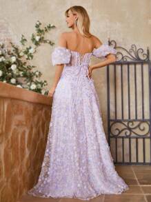 SHEIN Belle Women's Off Shoulder Embroidered Evening Dress - Mauve Purple - View 3