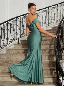 SHEIN Belle Women's Solid Color Off Shoulder Twist Design Mermaid Hem Evening Dress - Green - View 3