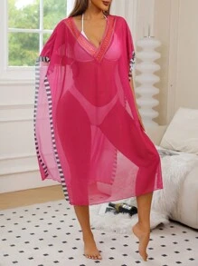 SHEIN Swim Women Cover Ups Sheer Plain - Hot Pink - View 1