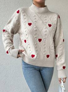 EURMUSE Women's Love Heart Embroidery Stand Collar Sweater - Beige - View 5