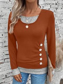 EMERY ROSE Buttoned Decor Two-In-One Long Sleeve T-Shirt - Orange - View 6