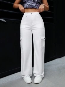 SHEIN PETITE 女士貨物直筒牛仔褲 - 白色 - 查看 6