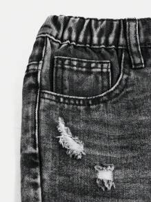SHEIN Quần short denim mài mòn kiểu Y2K màu xám carbon dành cho bé gái tuổi teen - Màu Xám nhạt - Xem 4