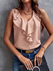 SHEIN Clasi Của phụ nữ Màu thuần Ruffle Cắt tỉa Áo không tay Với Trang trí - Bụi hồng - Xem 3