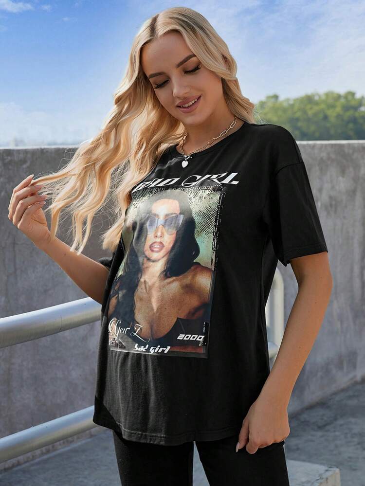 Maternity Loose Fit Character & Letter Print Round Neck T-Shirt