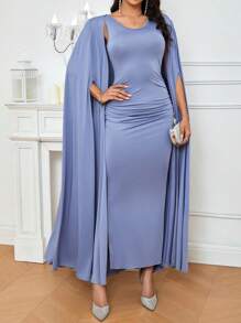 SHEIN Belle Solid Color Cape Sleeve Side Slit Bridesmaid Dress - Champagne - View 5