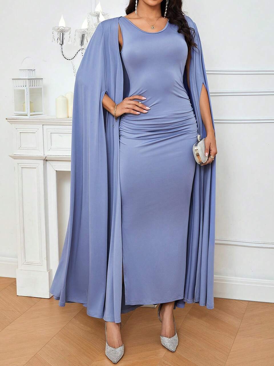 Solid Color Cape Sleeve Side Slit Bridesmaid Dress