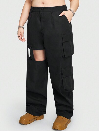 Grunge Punk Street-style-cargohose Mit Coolem Design, Ausgeschnittenen Beinen, Multifunktionaler Tasche Und Übergröße