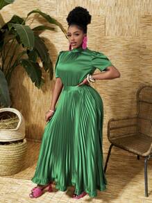 Slaydiva Elegant Commute Puff Sleeve & Pleated Skirt Suit - Green - View 4