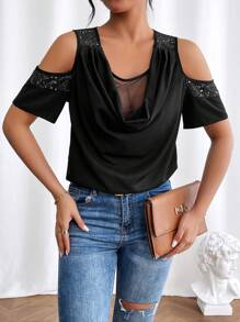 Chiquease Women's Off Shoulder Short Sleeve Blouse With Drape Neckline