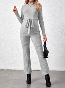 SHEIN Solid Color Maternity Jumpsuit With Belt - Grey - View 3