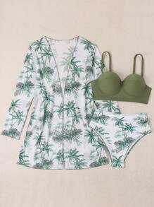 SHEIN 3pcs Solid Color Swimwear Set With Printed Briefs, Cover Up And Bralette,Summer Beach - Green - View 3