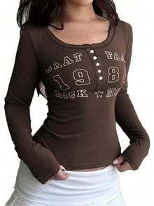 SHEIN Unity Ladies' Street Style Casual Letter Printed T-Shirt - Brown - View 5