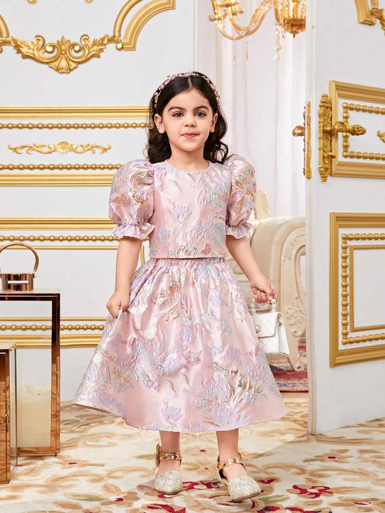 Young Girl Loose Fit Casual Puff Sleeve Shirt & Skirt Set