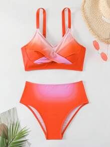 SHEIN Swim Ladies' Gradient Round Neck Bikini Set Valentine Summer - Orange - View 1