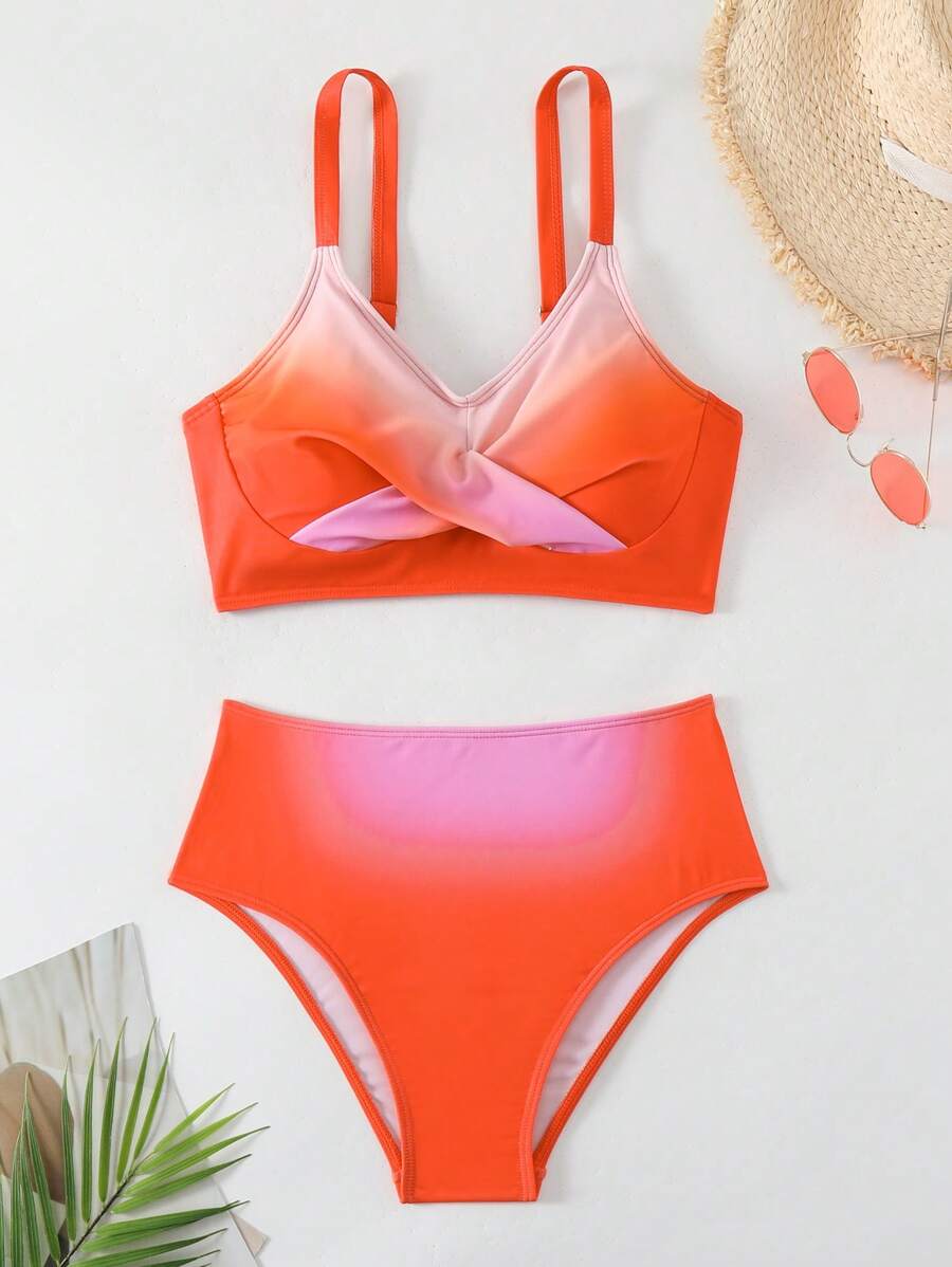 SHEIN Swim Ladies' Gradient Round Neck Bikini Set Valentine Summer - Orange - View 1